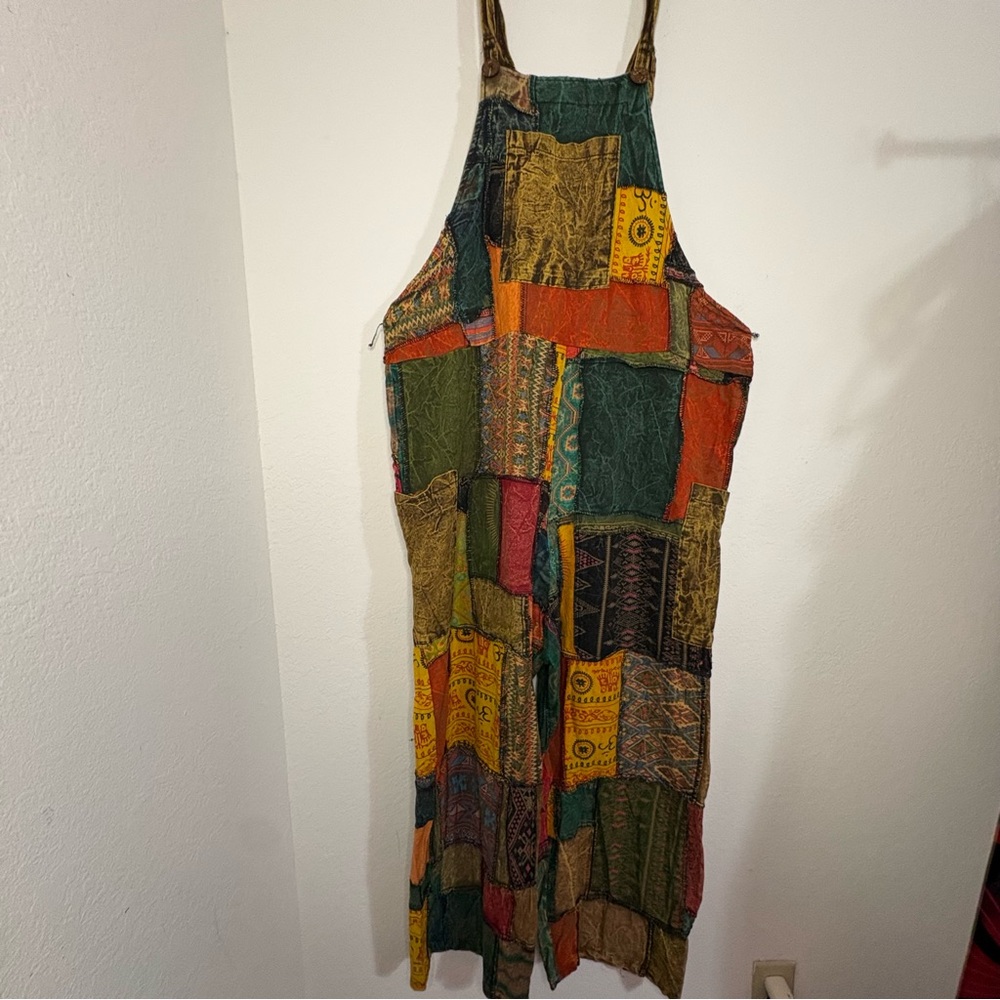 Boho Patchwork Wide Leg Jumpsuit Overalls 100% Cotton - Picture 12 of 16